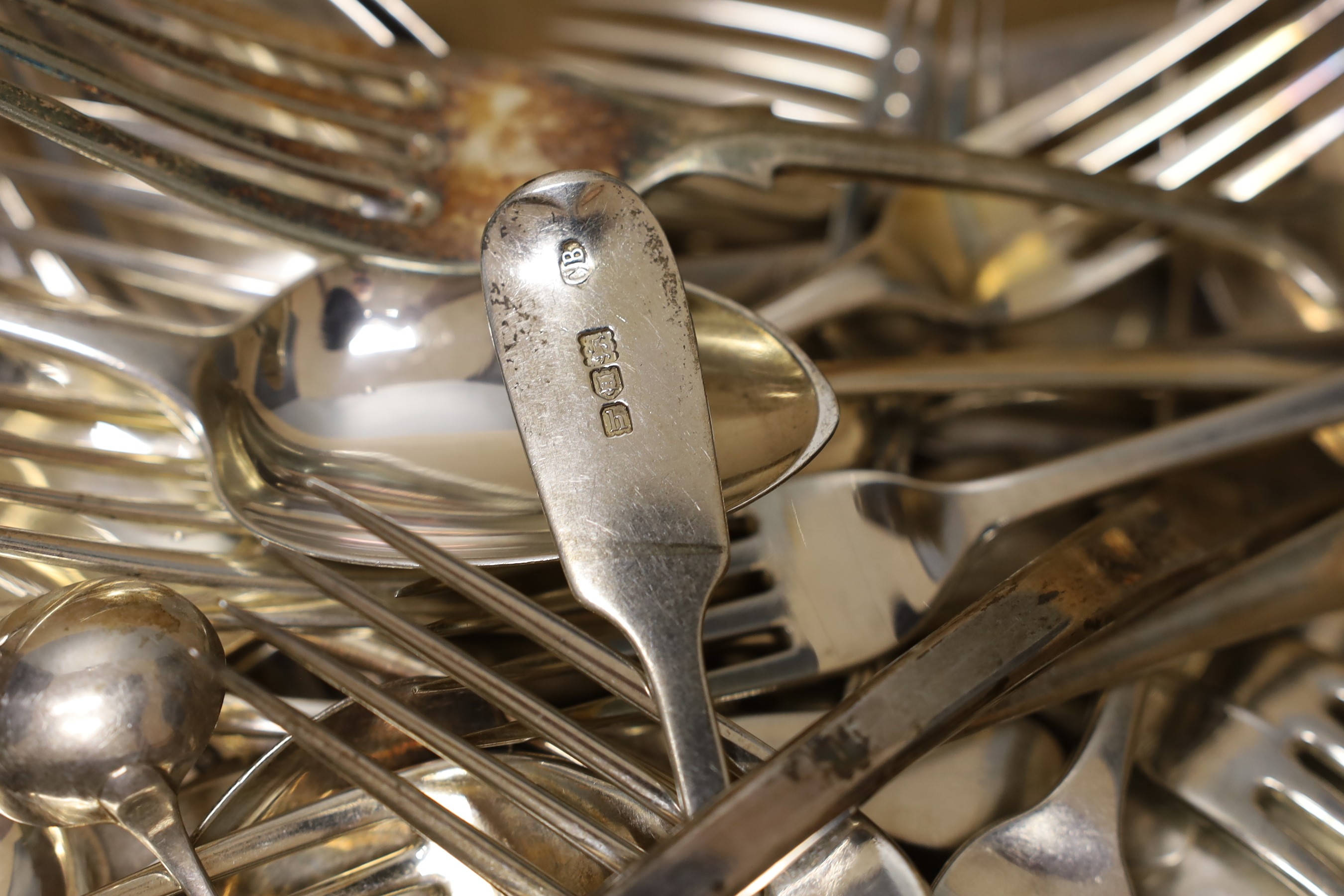 A mixed quantity of assorted 19th century and later silver flatware, various dates and makers, including a set of six Old English pattern tablespoons, William Johnson, London, 1823, a set of six table forks, London, 1900